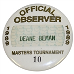 Deane Bemans 1989 Masters Tournament Official Observer Badge #10