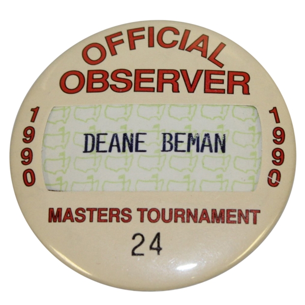 Deane Bemans 1990 Masters Tournament Official Observer Badge #24
