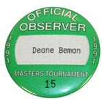 Deane Bemans 1991 Masters Tournament Official Observer Badge #15