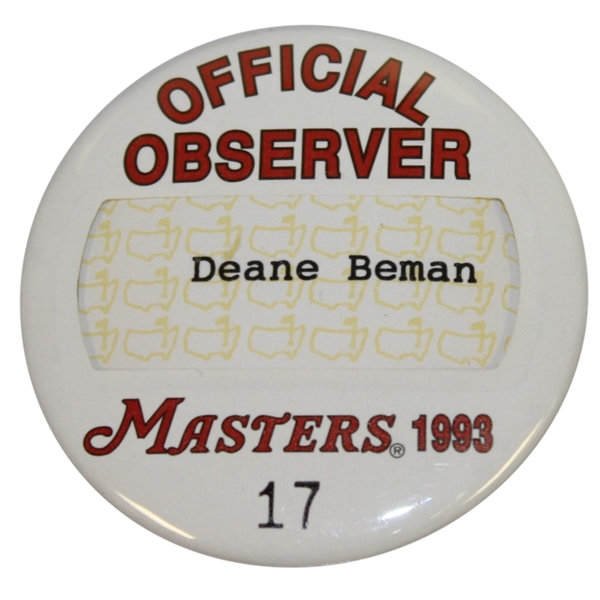 Deane Bemans 1993 Masters Tournament Official Observer Badge #17