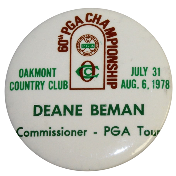 Deane Bemans 1978 PGA Championship at Oakmont PGA Tour Commissioner Badge