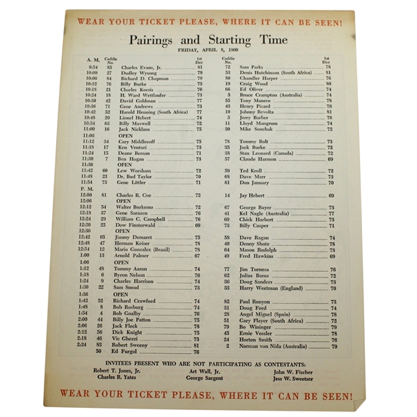 1960 Masters Tournament Friday Pairing Sheet - Deane Beman Collection