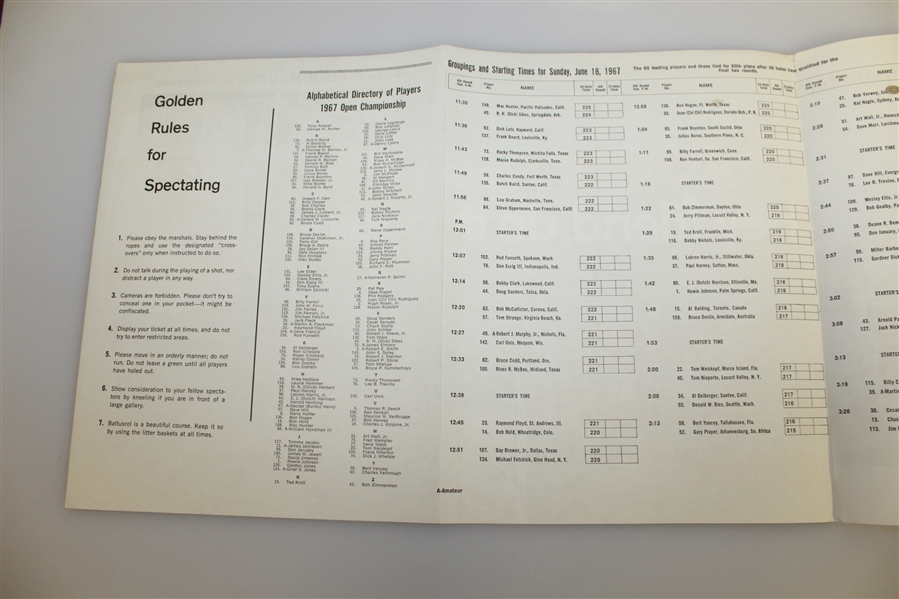Deane Beman's 1967 US Open at Baltusrol Daily Pairing Sheets