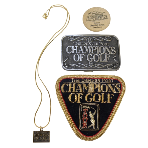 Deane Bemans The Denver Post Champions of Golf Crest, Belt Buckle, Necklace, & Chip