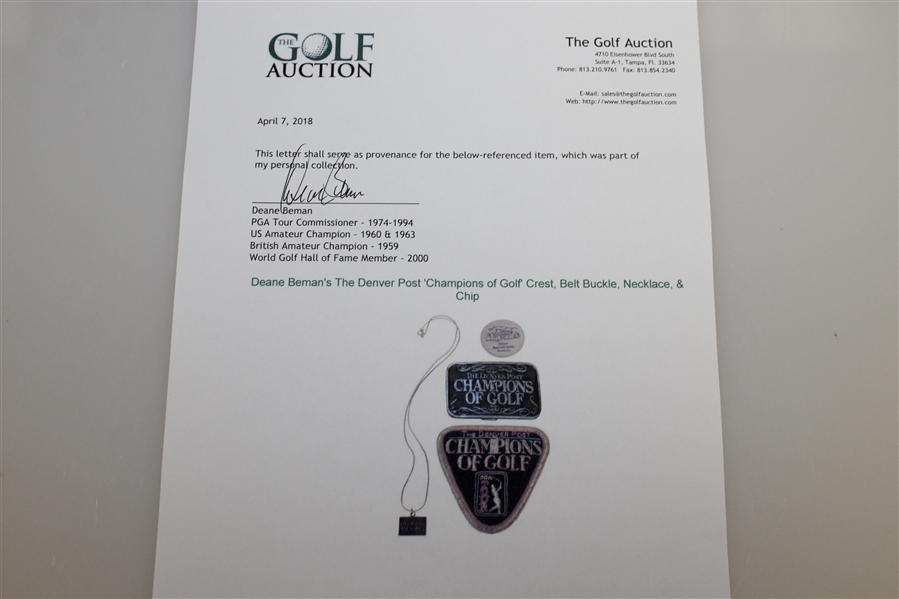 Deane Beman's The Denver Post 'Champions of Golf' Crest, Belt Buckle, Necklace, & Chip