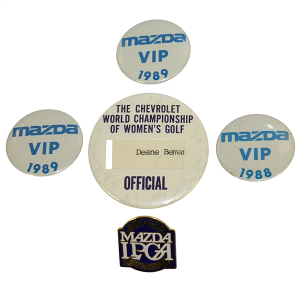 Deane Bemans The Mazda LPGA Pin, Mazda VIP Badges(x3), & Chevrolet Official Badge