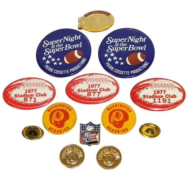 Deane Beman's Superbowl, NBC Sports, Stadium Club, & Redskins Badges, Money Clips, & Pins