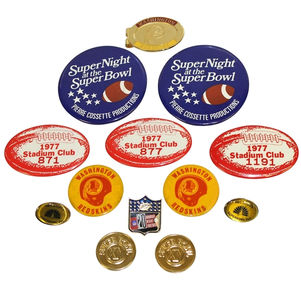Deane Bemans Superbowl, NBC Sports, Stadium Club, & Redskins Badges, Money Clips, & Pins