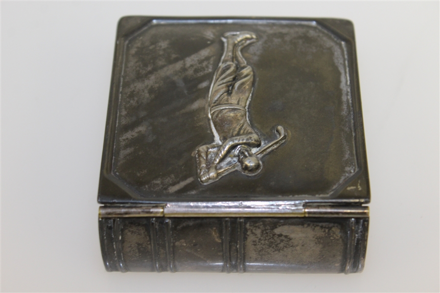 1910's Jennings Bros. Silver Book Shaped Box with Raised Golfer Image - J.B. on Reverse