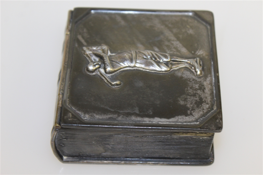 1910's Jennings Bros. Silver Book Shaped Box with Raised Golfer Image - J.B. on Reverse