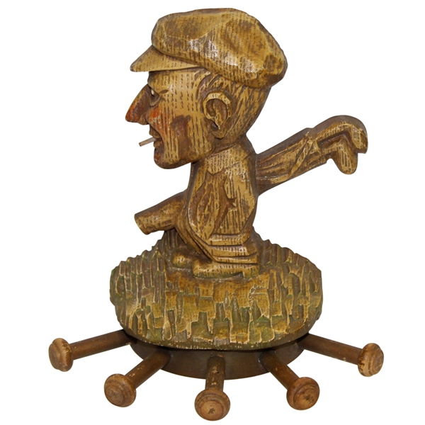Unique Genuine Burwood Wood Carved Golfer with Golf Bag Wall Tie Holder
