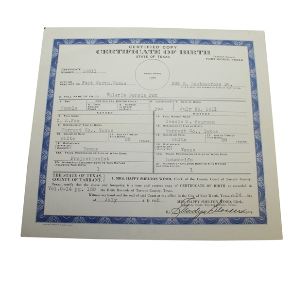 Valerie Hogans Birth Certificate
