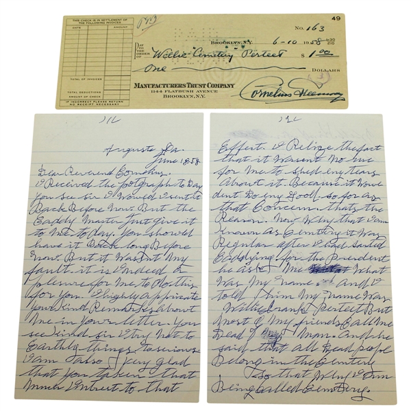 Willie Cemetery Perteet 2pg Letter with Endorsed Check - President Eisenhower Augusta Caddy JSA ALOA