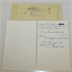 Willie 'Cemetery' Perteet 2pg Letter with Endorsed Check - President Eisenhower Augusta Caddy JSA ALOA