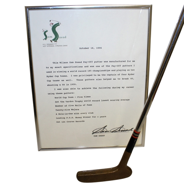 Sam Snead Personal 1950s Wilson Pay-Off Putter with Signed Letter JSA ALOA