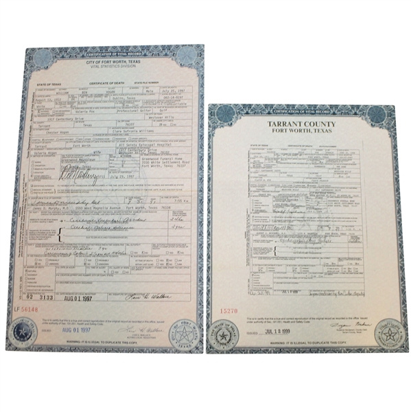 Ben Hogan (1997) & Valerie Hogans (1999) Texas Certificates of Death