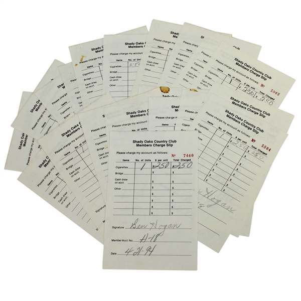 Twenty Ben Hogan Signed Shady Oaks Country Club Members Charge Slips JSA ALOA