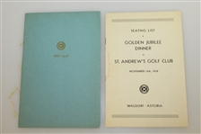 1938 St. Andrews Golden Jubilee Anniversary Banquet Program & Dinner Menu