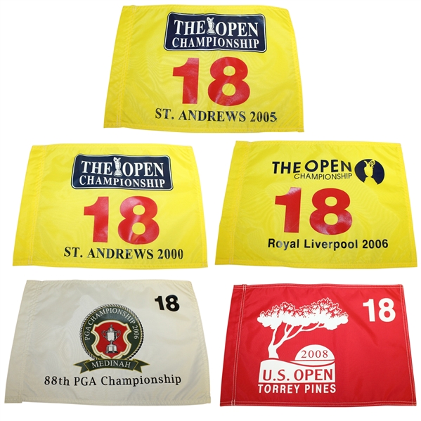 Five Tiger Woods Victory Flags: US Open (2008), PGA (1999), & Open (2000, 2005, 2006)