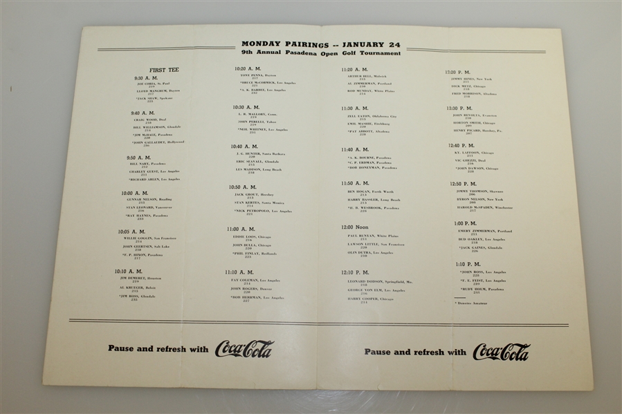 1938 Pasadena Open Golf Tournament at Brookside Park Official Pairing Sheet