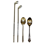 Two Golf Themed Sterling Silver Spoons & Two Metal Golf Club Themed Stirrers