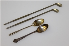 Two Golf Themed Sterling Silver Spoons & Two Metal Golf Club Themed Stirrers