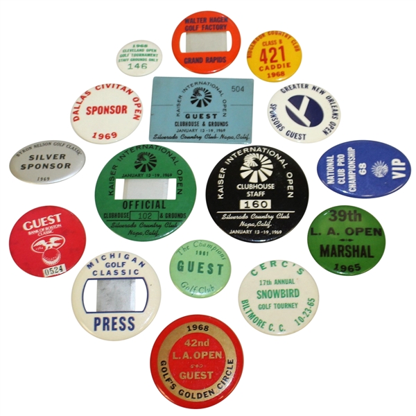Sixteen Miscellaneous Badges - Walter Hagen Factory, Guest, Officials, Clubhouse, Staff, & others
