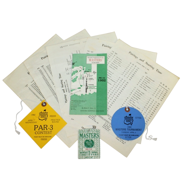 1982 Masters Badge, Par 3 Ticket, Daily Ticket, Spectator Guide, & Thurs-Sun Pairing Sheets with Par 3