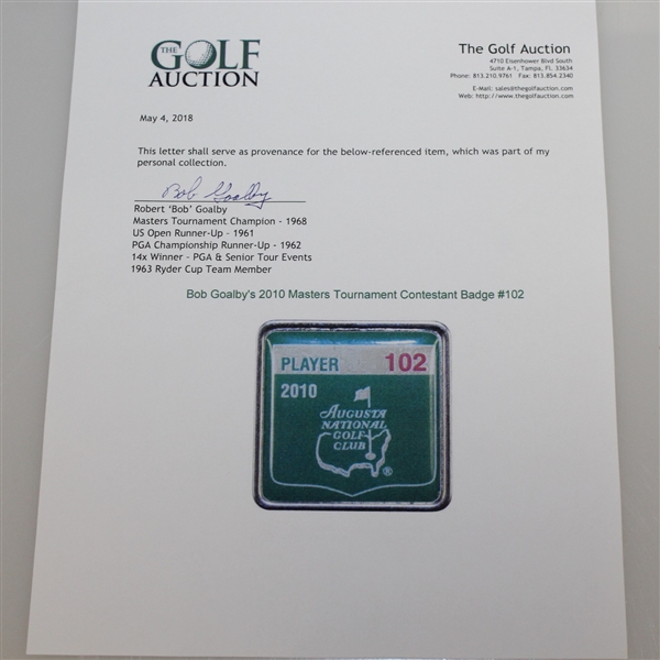 Bob Goalby's 2010 Masters Tournament Contestant Badge #102 - Phil Mickelson Winner