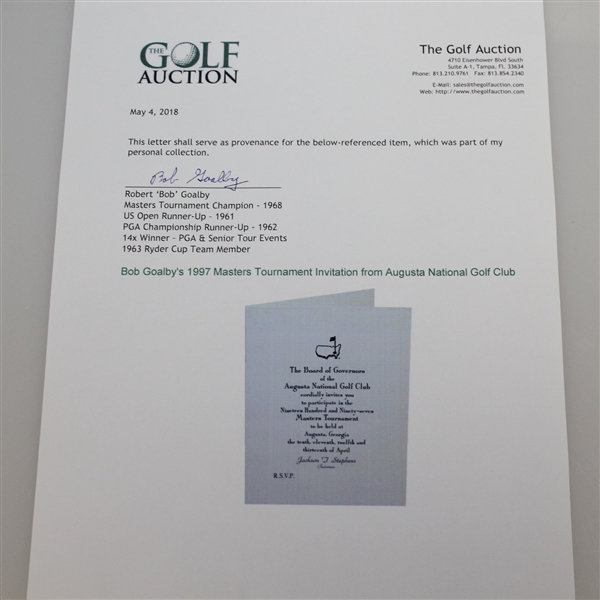 Bob Goalby's 1997 Masters Tournament Invitation from Augusta National Golf Club