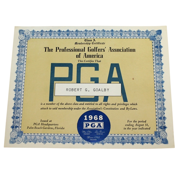 Bob Goalbys Personal 1968 PGA of America Class A Membership Certificate