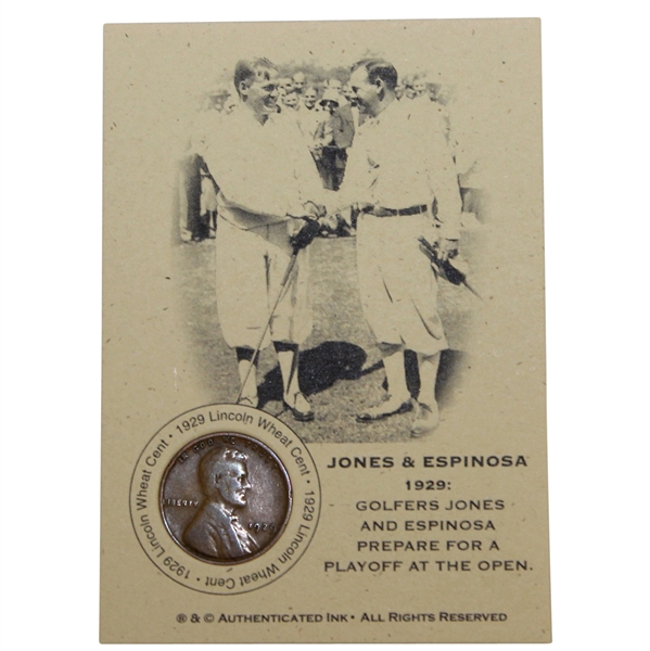 Bobby Jones & Espinosa 1929 Prepare for a Playoff at the Open Lincoln Wheat Penny Card