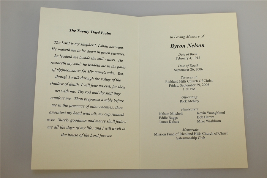 Byron Nelson Funeral Program with Three Memory Notecards for Family