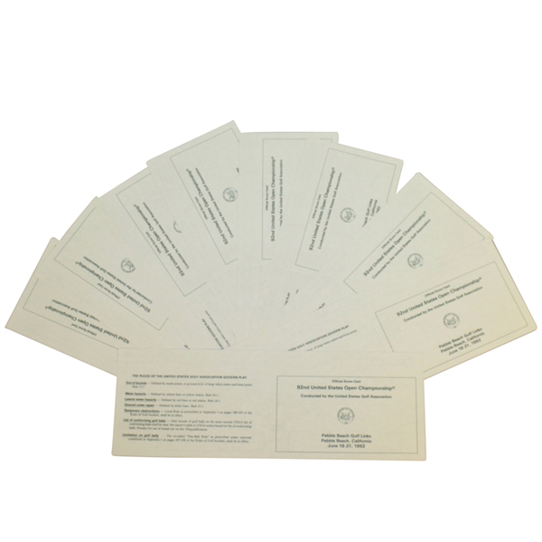 Nine Official 1992 US Open at Pebble Beach Golf Links Scorecards