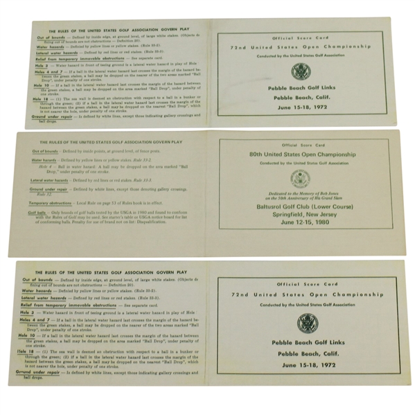 Two 1972 Pebble Beach & a 1980 Baltusrol Official US Open Scorecards