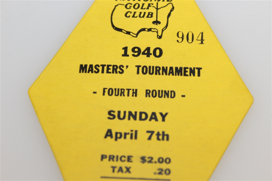 1940 Masters Tournament Sunday 4th Round Ticket #904