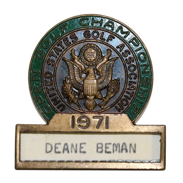 Deane Bemans 1971 US Open at Shinnecock Contestant Badge - Lee Trevino Win