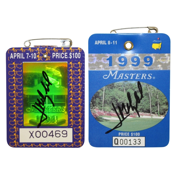 Jose Maria Olazabal Signed 1994 & 1999 Masters SERIES Badges JSA ALOA