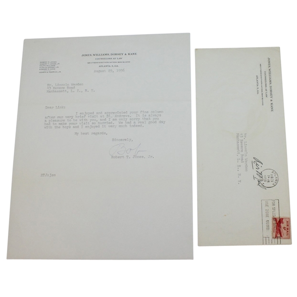 Bobby Jones 1956 Letter to Lincoln Werden on Letterhead - Signed Bob JSA ALOA