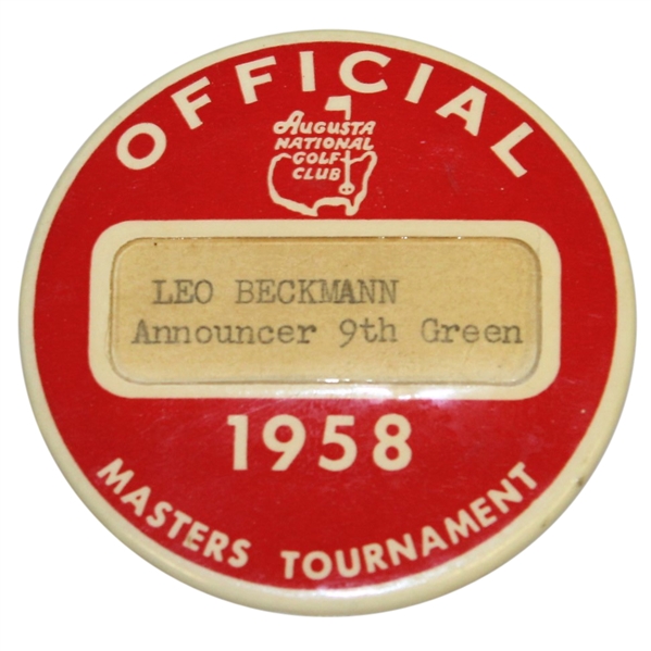 1958 Masters Tournament Officials Badge - Leo Beckmann 9th Green Announcer