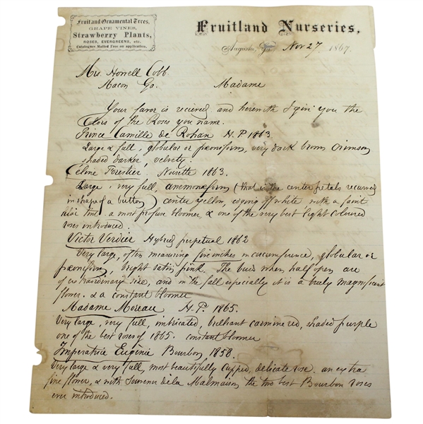1867 Fruitland Nurseries (Augusta National Grounds) Letter Signed by P.J. Berckmans JSA ALOA