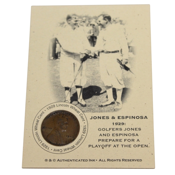 Bobby Jones & Espinosa 1929 Prepare for a Playoff at the Open Lincoln Wheat Penny Card