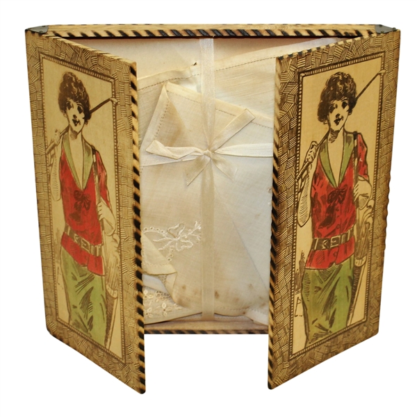 Circa 1930 Lady Golfer Themed Wood Handkerchief Box with Original Handkerchiefs