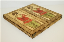 Circa 1930 Lady Golfer Themed Wood Handkerchief Box with Original Handkerchiefs