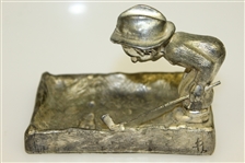 Vintage Golfer Man Art Deco Ashtray - Bending Over Sandtrap - Ball in Footprint