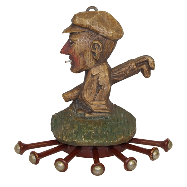 Unique Genuine Burwood Wood Carved Golfer with Golf Bag Wall Tie Holder