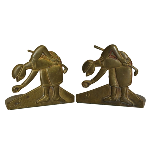 Pair of Golfers Teeing Up Golf Ball Themed Brass Bookends - Art Brass Co. New York