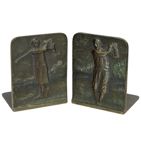 1920s Male & Female Golfers Post Swing Themed Cast Iron Bookends - Bradley & Hubbard