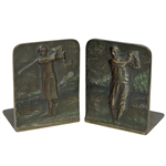 1920s Male & Female Golfers Post Swing Themed Cast Iron Bookends - Bradley & Hubbard