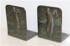 1920's Male & Female Golfers Post Swing Themed Cast Iron Bookends - Bradley & Hubbard